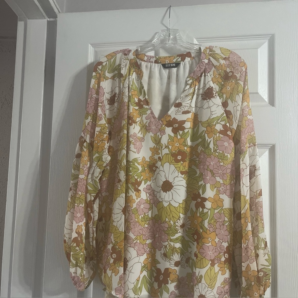 BTFBM Women Top Large Long Sleeve Butter Floral Lined L